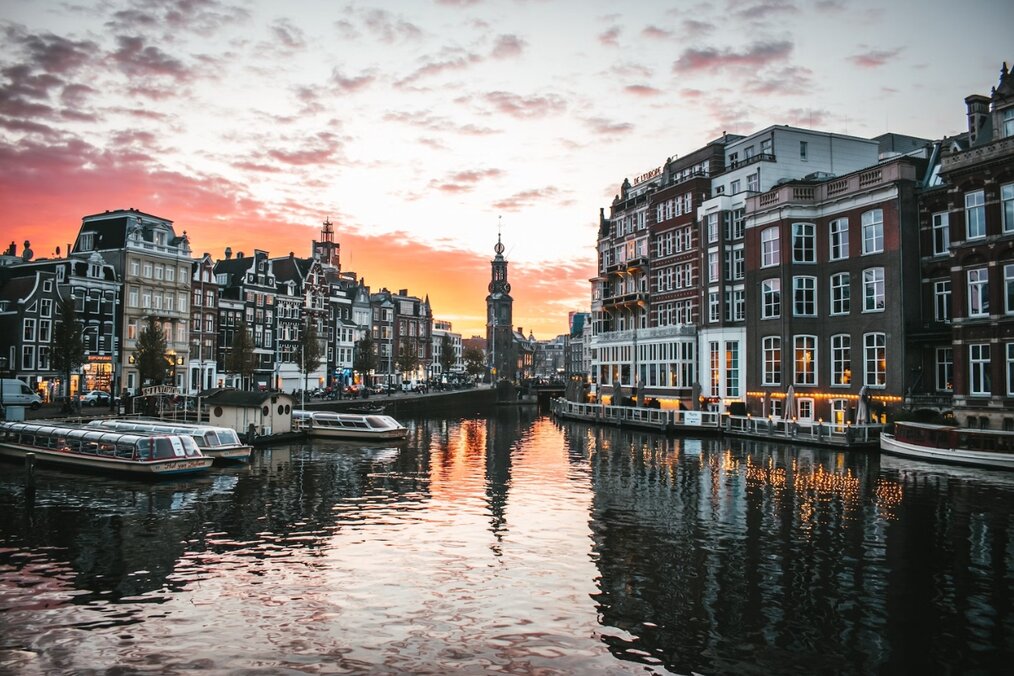 Amsterdam, the Netherlands Sunset over the canal in Amsterdam in the Netherlands